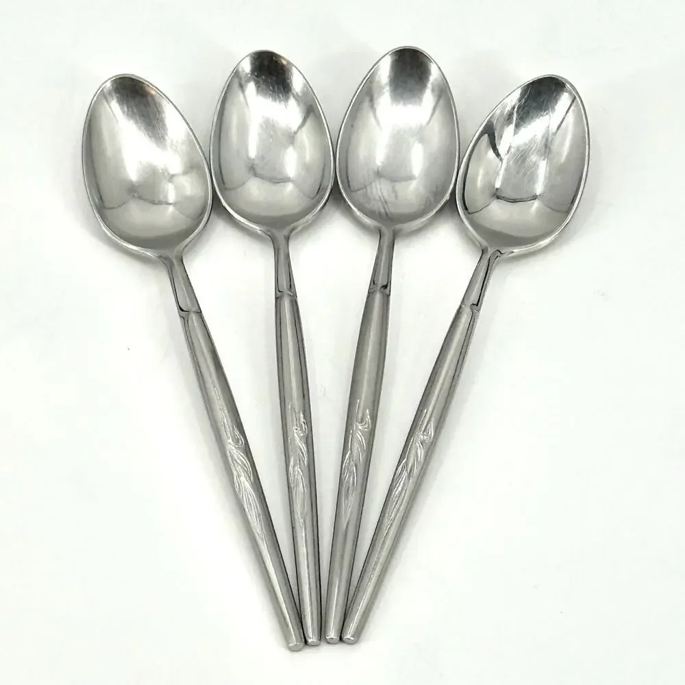 VTG Ron Spray Stainless Flatware Set of 4 Teaspoons 6 3/4” MCM Japan Leaf Sprout